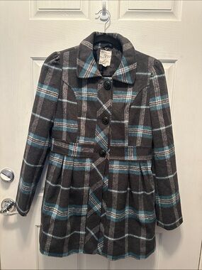 Tulle Plaid Wool-Blend Peacoat Jacket in Charcoal & Teal Size Small